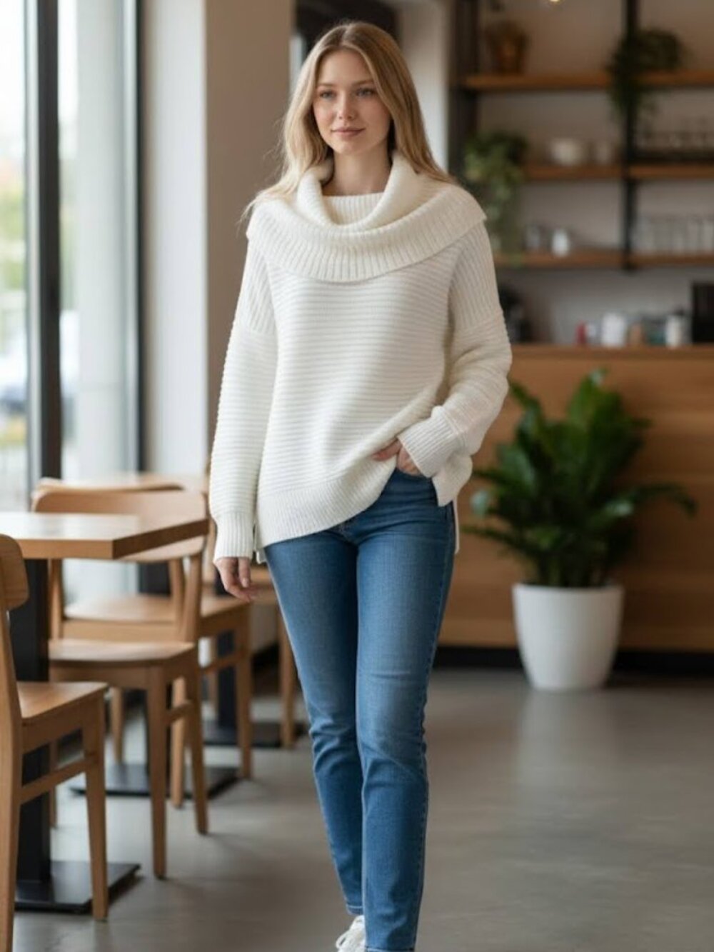 Michael Kors Women's Sweater Cowl Neck Waffle Knit Cozy Oversized Ivory Size S